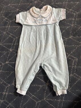 Vintage Baby Dior Light Blue Baby Romper with Sailboat Embroidery 9-12 months